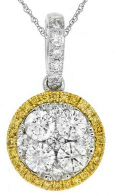 1.17CT WHITE & FANCY YELLOW DIAMOND 14K WHITE GOLD CLUSTER HALO FLOATING PENDANT