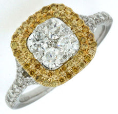 1.0CT WHITE & FANCY YELLOW DIAMOND 14KT WHITE GOLD CLUSTER HALO ENGAGEMENT RING