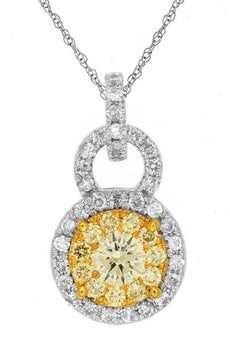 .64CT WHITE & FANCY YELLOW DIAMOND 14K 2 TONE GOLD CLUSTER LOCK FLOATING PENDANT
