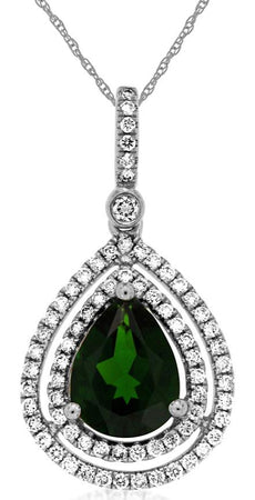 2.30CT DIAMOND & AAA GREEN GARNET 14KT WHITE GOLD DOUBLE HALO TEAR DROP PENDANT
