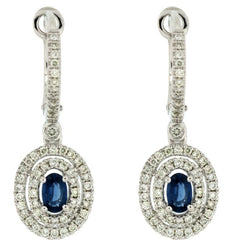 1.15CT DIAMOND AAA SAPPHIRE 14K WHITE GOLD OVAL & ROUND CLIP ON HANGING EARRINGS