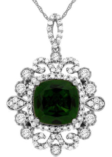 2.72CT DIAMOND & AAA GREEN GARNET 14K WHITE GOLD CUSHION FILIGREE FLOWER PENDANT