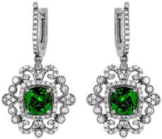 2.8CT DIAMOND & AAA GREEN GARNET 14KT WHITE GOLD CUSHION FLOWER HANGING EARRINGS