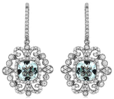 2.60CT DIAMOND & AAA AQUAMARINE 14KT WHITE GOLD CUSHION & ROUND HANGING EARRINGS