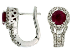 1.29CT DIAMOND & AAA RUBY 14KT WHITE GOLD ROUND HALO LEVERBACK HANGING EARRINGS