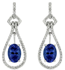 2.04CT DIAMOND & AAA TANZANITE 14KT WHITE GOLD OVAL TEAR DROP HANGING EARRINGS