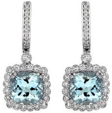 4.18CT DIAMOND & AAA AQUAMARINE 14K WHITE GOLD CUSHION FILIGREE HANGING EARRINGS
