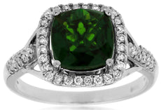 2.45CT DIAMOND & AAA GREEN GARNET 14KT GOLD 3D CUSHION & ROUND ENGAGEMENT RING