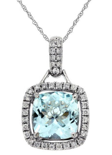 1.99CT DIAMOND & AAA AQUAMARINE 14KT WHITE GOLD 3D CUSHION & ROUND HALO PENDANT