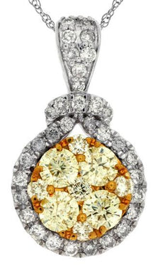 .82CT WHITE & FANCY YELLOW DIAMOND 14K WHITE GOLD CLUSTER ROUND FLOATING PENDANT