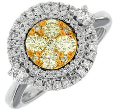 .89CT WHITE & FANCY YELLOW DIAMOND 14K WHITE GOLD ROUND CLUSTER DOUBLE HALO RING