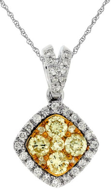 .82CT WHITE & FANCY YELLOW DIAMOND 14KT 2 TONE GOLD CLUSTER SQUARE HALO PENDANT