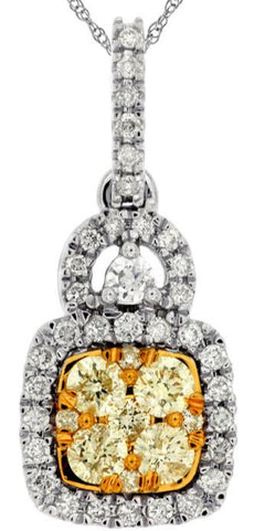 .80CT WHITE & FANCY YELLOW DIAMOND 14K WHITE GOLD 3D CLUSTER SQUARE HALO PENDANT