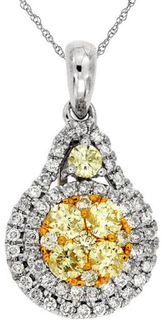 1.14CT WHITE & FANCY YELLOW DIAMOND 14KT WHITE GOLD CLUSTER DOUBLE HALO PENDANT