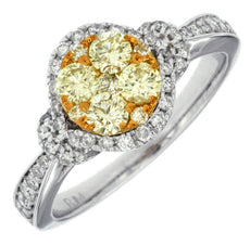 .84 WHITE & FANCY YELLOW DIAMOND 14KT WHITE GOLD 3D CLUSTER HALO FRIENDSHIP RING