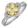 .84 WHITE & FANCY YELLOW DIAMOND 14KT WHITE GOLD 3D CLUSTER HALO FRIENDSHIP RING