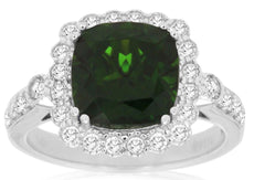 3.7CT DIAMOND & AAA GREEN GARNET 14K WHITE GOLD CUSHION & ROUND FLOWER LOVE RING