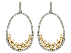 .84CT WHITE & CANARY DIAMOND 14KT WHITE GOLD CLUSTER OPEN OVAL HANGING EARRINGS