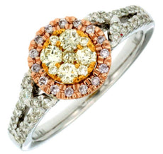 .7CT WHITE PINK & FANCY YELLOW DIAMOND 14K TRI COLOR GOLD FLOWER FRIENDSHIP RING
