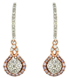 ESTATE 1.0CT WHITE & PINK DIAMONDS 14KT WHITE GOLD 3D CLUSTER TEAR DROP EARRINGS