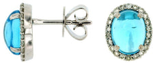 2.88CT DIAMOND AAA CABOCHON BLUE TOPAZ 14K WHITE GOLD OVAL & ROUND STUD EARRINGS