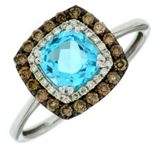 1.53CT WHITE & MOCHA DIAMOND & AAA BLUE TOPAZ 14K WHITE GOLD CUSHION SQUARE RING