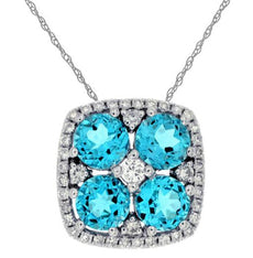 1.48CT DIAMOND & AAA BLUE TOPAZ 14KT WHITE GOLD FLOWER SQUARE FLOATING PENDANT