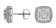ESTATE 1.08CT DIAMOND 14K WHITE GOLD SQUARE DOUBLE HALO SCREW BACK STUD EARRINGS