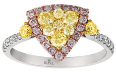 .88CT WHITE PINK & FANCY YELLOW DIAMOND 14KT WHITE GOLD CLUSTER TRIANGULAR RING