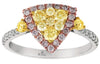 .88CT WHITE PINK & FANCY YELLOW DIAMOND 14KT WHITE GOLD CLUSTER TRIANGULAR RING