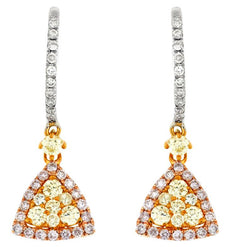 1.0CT WHITE PINK & FANCY YELLOW DIAMOND 14K WHITE GOLD TRILLION HANGING EARRINGS