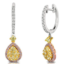 1.05CT WHITE PINK & CANARY DIAMOND 14K TRI COLOR GOLD TEAR DROP HANGING EARRINGS