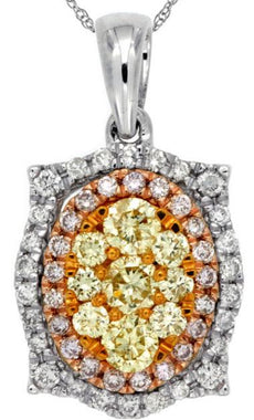 .85CT WHITE PINK & FANCY YELLOW DIAMOND 14K WHITE GOLD OVAL CLUSTER LOVE PENDANT