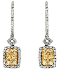 .91CT WHITE & FANCY YELLOW DIAMOND 14KT WHITE GOLD 3D CLUSTER HANGING EARRINGS