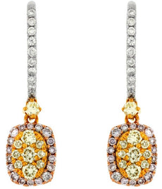 .82CT WHITE PINK & FANCY YELLOW DIAMOND 14KT WHITE GOLD 3D OVAL HANGING EARRINGS