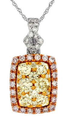 .75CT WHITE PINK & CANARY DIAMOND 14KT TRI COLOR GOLD 3D SQUARE FLOATING PENDANT