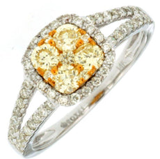 .85CT WHITE & FANCY YELLOW DIAMOND 14KT 2 TONE GOLD CLUSTER HALO FRIENDSHIP RING