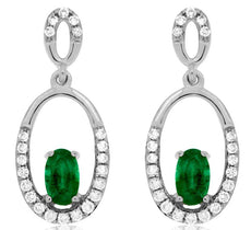 ESTATE 0.65CT DIAMOND & AAA EMERALD 14K WHITE GOLD OVAL & ROUND HANGING EARRINGS
