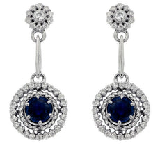 1.0CT DIAMOND & AAA SAPPHIRE 14KT WHITE GOLD 3D FILIGREE FLOWER HANGING EARRINGS