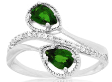 1.02CT DIAMOND & AAA GREEN GARNET 14K WHITE GOLD 3D DOUBLE LEAF CRISS CROSS RING