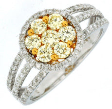 1CT WHITE & FANCY YELLOW DIAMOND 14K 2 TONE GOLD CLUSTER FLOWER ANNIVERSARY RING