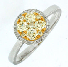 .65CT WHITE & FANCY YELLOW DIAMOND 14KT WHITE GOLD 3D CLUSTER FLOWER LOVE RING