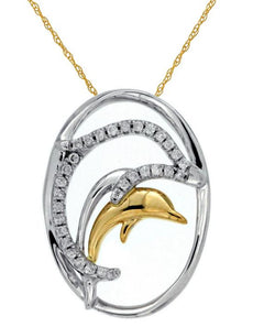 ESTATE .10CT DIAMOND 14KT 2 TONE GOLD 3D DOUBLE OVAL HAPPY DOLPHIN FUN PENDANT