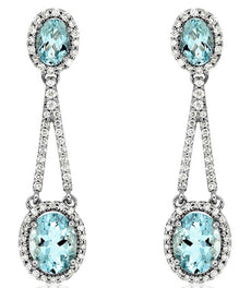 3.77CT DIAMOND & AAA AQUAMARINE 14KT WHITE GOLD 3D OVAL & ROUND HANGING EARRINGS