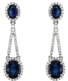 LARGE 4.92CT DIAMOND & AAA SAPPHIRE 14K WHITE GOLD OVAL & ROUND HANGING EARRINGS