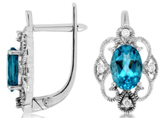 1.93CT DIAMOND & AAA BLUE TOPAZ 14KT WHITE GOLD OPEN FILIGREE HANGING EARRINGS