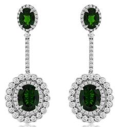 LARGE 10.80CT DIAMOND & AAA GREEN GARNET 14KT WHITE GOLD FLOWER HANGING EARRINGS
