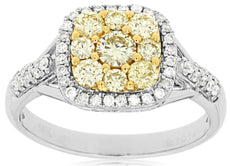 .89CT WHITE & FANCY YELLOW DIAMOND 14K WHITE GOLD CLUSTER SQUARE FRIENDSHIP RING