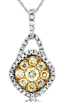 .78CT WHITE & FANCY YELLOW DIAMOND 14KT WHITE GOLD CLUSTER SQUARE HALO PENDANT