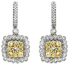 1.50CT WHITE & FANCY YELLOW DIAMOND 14KT WHITE GOLD 3D CLUSTER HANGING EARRINGS